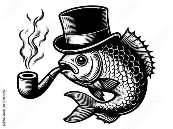 Obraz fish wearing a top hat and smoking a pipe, combining fantasy and humor sketch engraving generative ai PNG illustration. Scratch board imitation. Black and white image.
