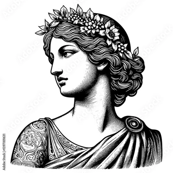 Obraz regal woman in ancient attire, adorned with a floral crown and detailed ornamental dress sketch engraving generative ai PNG illustration. Scratch board imitation. Black and white image.