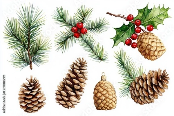 Fototapeta Watercolor Christmas ornaments adorned tree branches on a white backdrop, with branches, sprigs of red berries, and fir cones