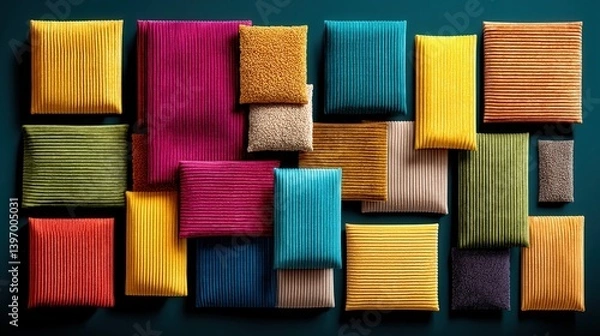 Obraz Trendy flat lay display of colorful cushions made from soft corduroy fabric featuring various textures and patterns