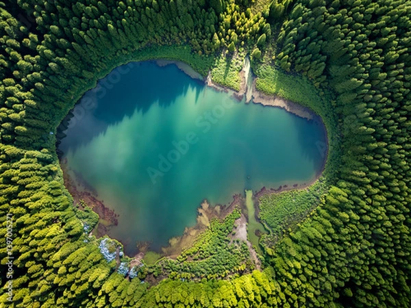 Fototapeta Aerial view of a turquoise lake in the middle of the forest. Typical natural scene as seen on Azores, Portugal, Europe.