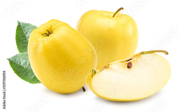 Fototapeta yellow apples with green leaves isolated on white background. clipping path