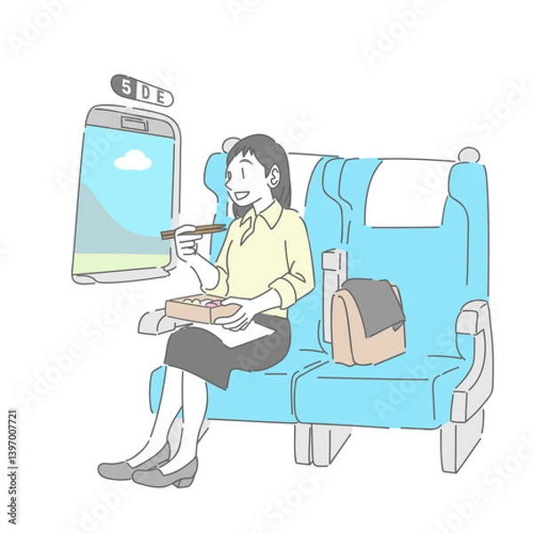 Obraz 新幹線の座席で駅弁を食べる女性