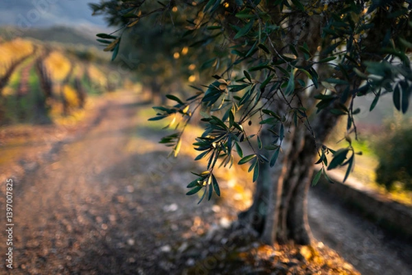 Fototapeta Detail of olive tree leaves during the sunset with beautiful landscape with the vineyard in the background. Extremely blurred background.