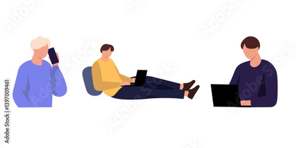 Fototapeta Diverse Ways to Work Three individuals engaged in different work tasks.