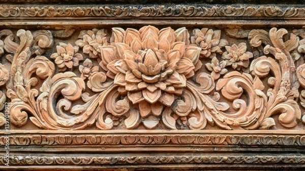 Fototapeta Banteay Srei: Features detailed pink sandstone carvings. Stock photo --ar 16:9 --quality 2 --style raw --v 6.1 Job ID: 691f2ff8-afe5-49f0-bd79-e48b954c411f