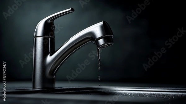 Obraz Leaking Modern Metal Faucet Dripping Water Dark Background Plumbing Repair