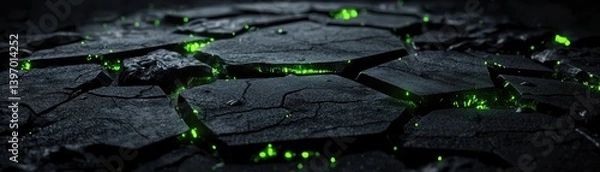 Fototapeta High Contrast Anthracite Stone Texture with Glowing Green Elements on a Dark Surface