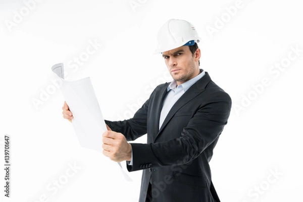 Fototapeta Male architect in hard hat