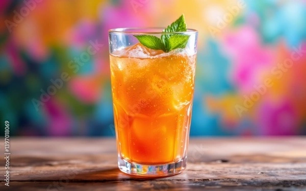 Fototapeta A refreshing drink with ice and mint, set against a vibrant, colorful background