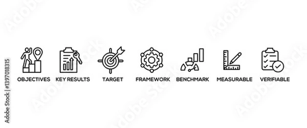 Fototapeta OKR banner web icon vector illustration concept for objectives and key results with icon of objective, key results, target, framework, benchmark, measurable, and verifiable