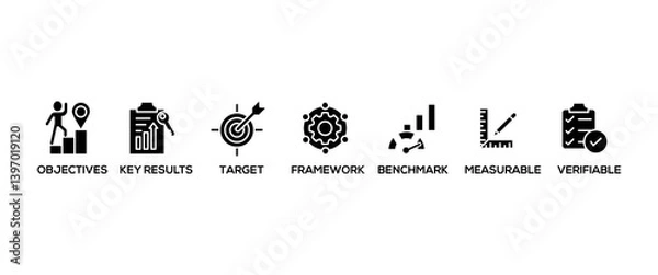 Fototapeta OKR banner web icon vector illustration concept for objectives and key results with icon of objective, key results, target, framework, benchmark, measurable, and verifiable