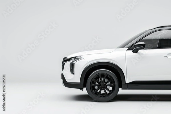 Fototapeta A White Suv with a Black Door and a Black Handle Sits on a White Background
