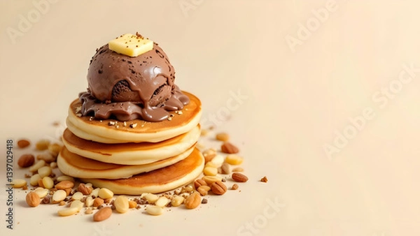 Fototapeta Stack of Pancakes with Chocolate Ice Cream, Butter, and Nuts - A Sweet Delight