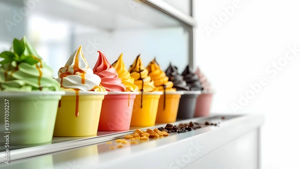 Fototapeta Colorful Assorted Frozen Yogurt Cups with Toppings in a Display Case