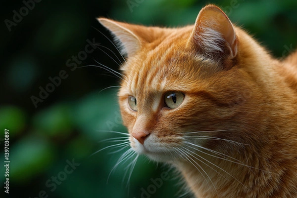 Fototapeta Close-up of orange cat profile, showcasing ginger fur texture and alert gaze, representing feline grace, wildness, and independence