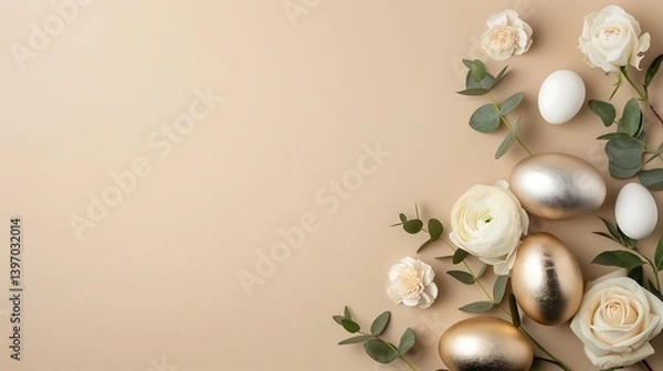 Obraz Elegant Easter layout with metallic eggs, eucalyptus leaves, and white roses placed symmetrically on a soft beige background. Easter background 