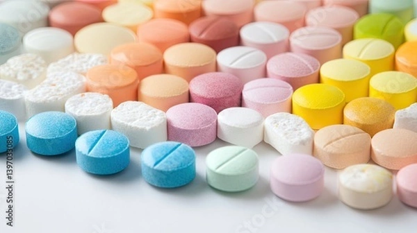 Fototapeta Colorful Assortment of Round Pills and Tablets Arranged Neatly