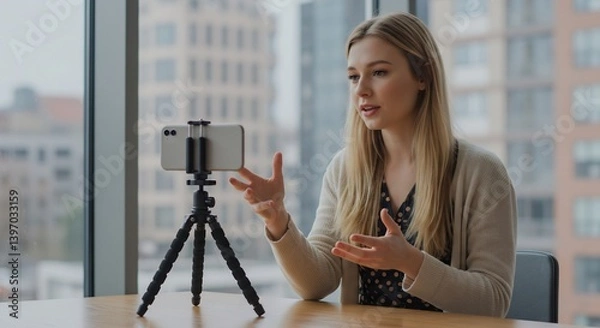 Obraz Young Woman Recording a Video Blog or Vlog on Her Smartphone Using a Tripod in a Modern Office