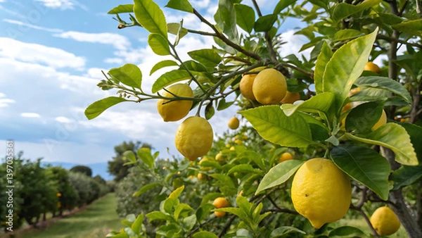 Fototapeta Lemon garden in Italian Amalfi coast ready for harvest. Bunches of fresh yellow ripe lemons with green leaves
