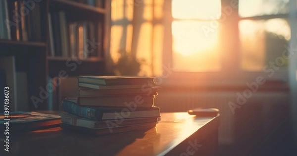 Fototapeta Books stacked on table near window with sunlight and bookshelf in background.
