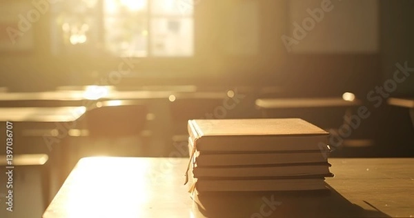 Fototapeta Stack of books on a desk in a classroom with sunlight.