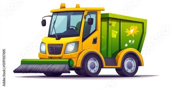 Fototapeta An illustration of a compact truck vacuum road sweeper featuring brushes, in a modern style