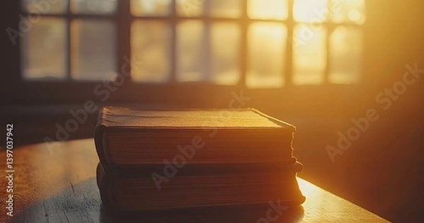 Fototapeta Two books stacked on a table with sunlight streaming through a window.