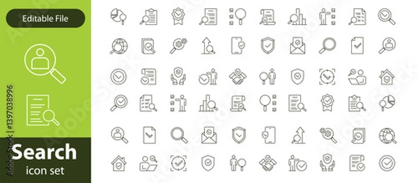 Fototapeta Search stroke line icon set. Containing magnifying glass, find, research, SEO and investigate icons. Stroke outline icon collection. Editable stroke.