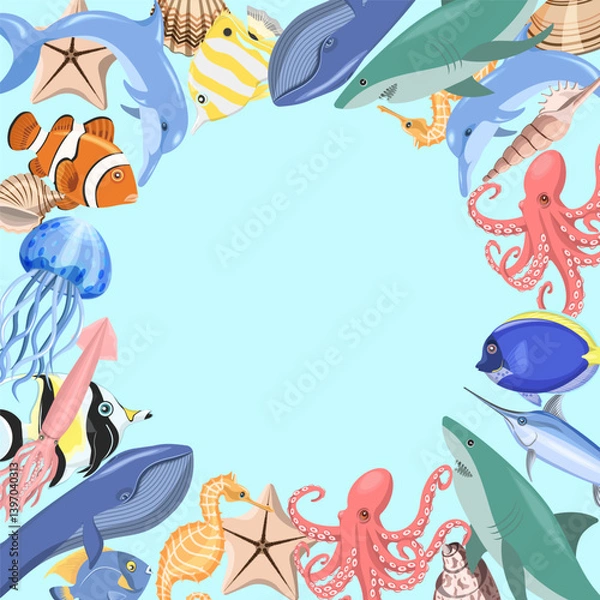 Obraz The frame is a postcard of marine life.A vector postcard for your design, backgrounds, and notebook covers.
