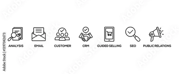 Fototapeta Inbound marketing banner web icon vector illustration concept with icon of analysis, email, customer, crm, guided selling, seo and public relations