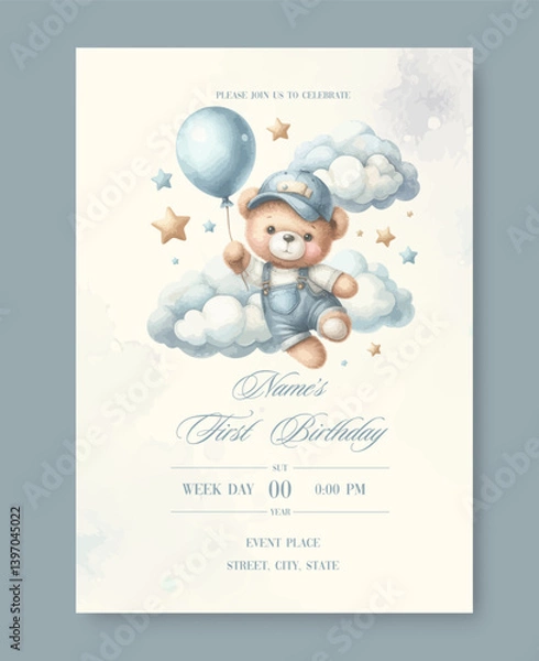 Fototapeta First birthday watercolor invitation card for celebration. With plush teddy bear with balloon around clouds and stars.