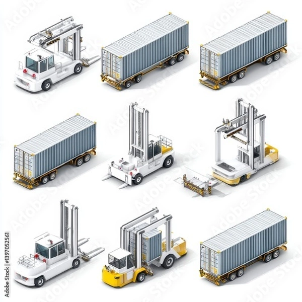 Fototapeta Various Warehouse Equipment and Container Transport in Isometric Style