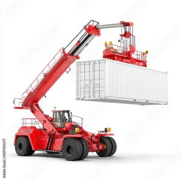 Fototapeta Red Container Handler Lifting Cargo with Precision in Warehouse Setting