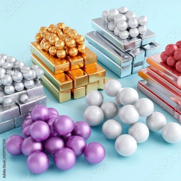 Obraz Colorful Metallic Balls and Blocks Arranged on Modern Surface