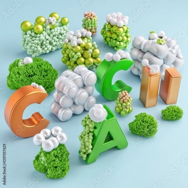 Fototapeta Colorful 3D Molecular Structure with Letters C A G and Decorative Elements