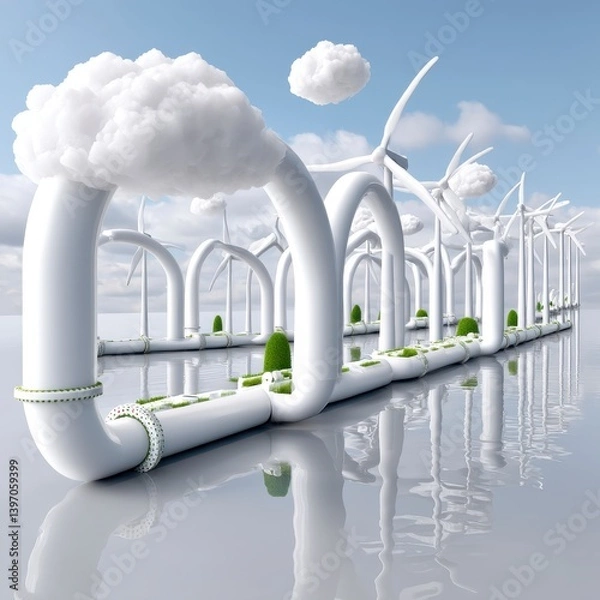 Obraz Futuristic Wind Farm with Clouds and Reflections on Water Surface