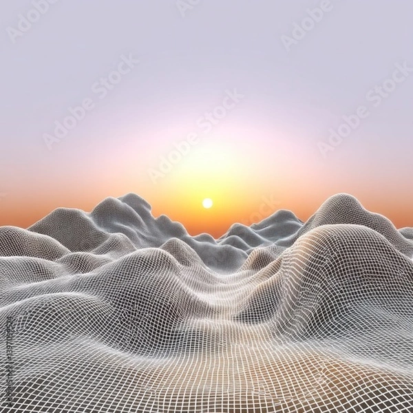 Fototapeta Abstract 3D Landscape with Grid Structure and Rising Sun Illumination
