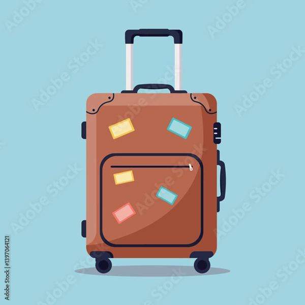 Fototapeta Brown suitcase with colorful travel stickers on a blue background in minimal flat vector art