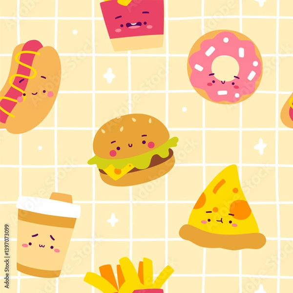 Fototapeta Fast food pattern with cute characters. Seamless vector print with street food for kids.