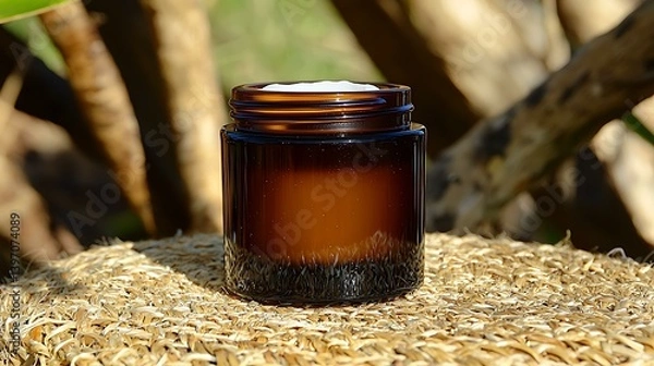 Fototapeta Day cream in a beautifully designed jar placed on a soft, neutral surface with natural morning sunlight
