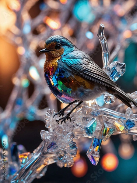 Fototapeta Iridescent Crystal Robin Sculpture on Branch Symbol of Spring and Good Luck with Glittering Particles Vibrant Background