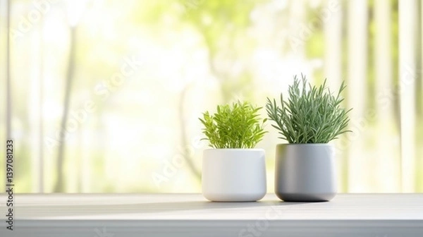 Obraz Two potted plants on a light table