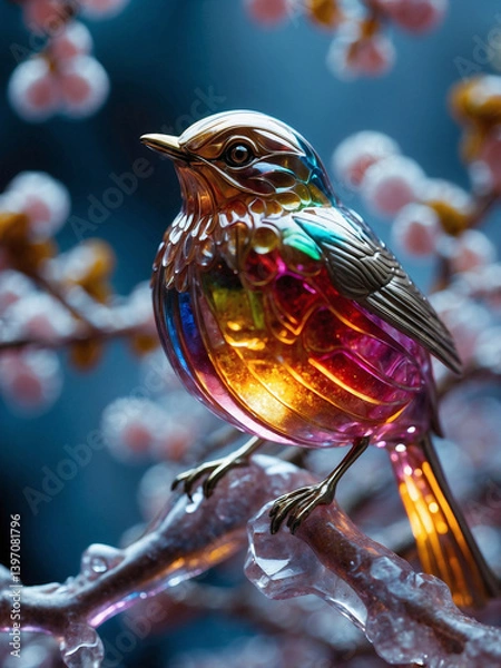 Fototapeta Iridescent Crystal Robin Sculpture on Branch Symbol of Spring and Good Luck with Glittering Particles Vibrant Background