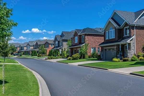 Fototapeta Row of suburban houses on a street, clear sky and green grass. Use this image for real estate, family, or suburban living concepts.
