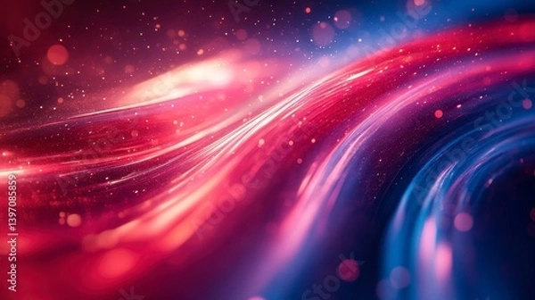 Fototapeta Swirling red and blue lights with bokeh and sparkling particles