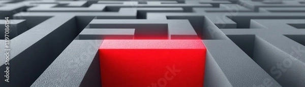 Fototapeta A close-up view of a maze with a prominent red block, symbolizing challenge and problem-solving in a complex environment.