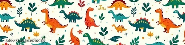 Obraz Whimsical seamless pattern with adorable dinosaurs, wallpaper, cartoon, cheerful