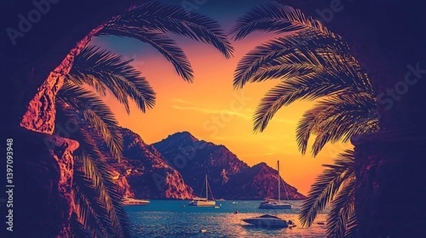 Obraz A dreamy island sunset with palm trees framing the view, boats floating on the water, and the sky painted in vibrant orange and purple