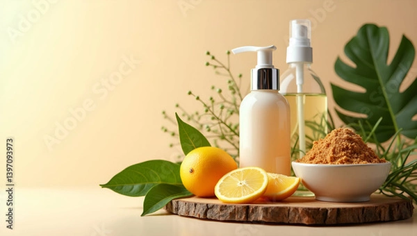 Obraz Innovative Cosmetic Ingredient Displays: Emphasizing Organic Components & Cutting-Edge Formulations for Brand Authenticity in Photo Stock Concepts